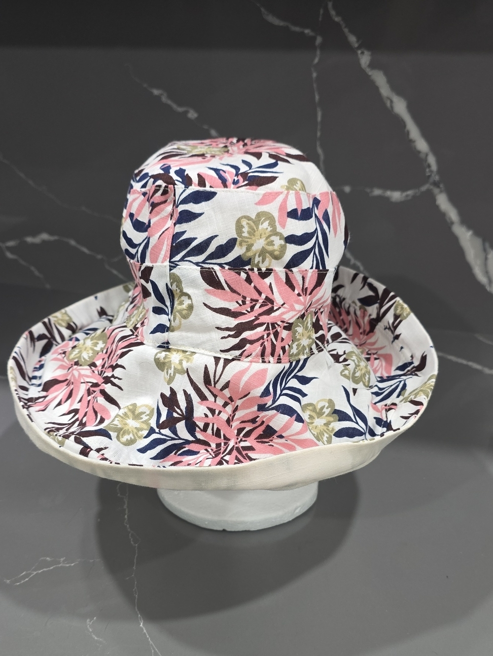 Women's Floral Packable Bucket Hat in Pink, Navy & White, Reversible, Linen Blen